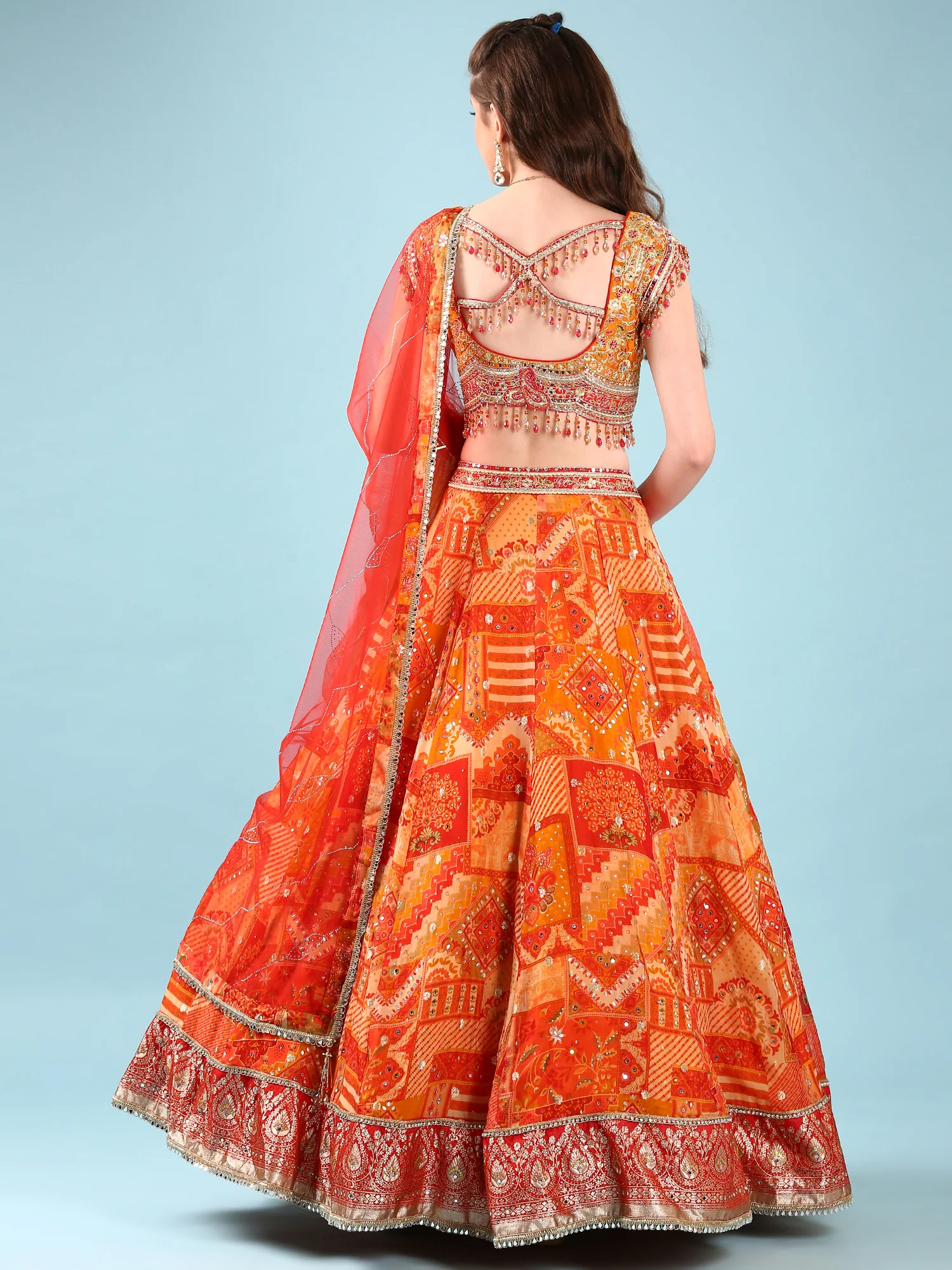 Rust Chinnon Hand Embroidery Ghagra Set - Image 3