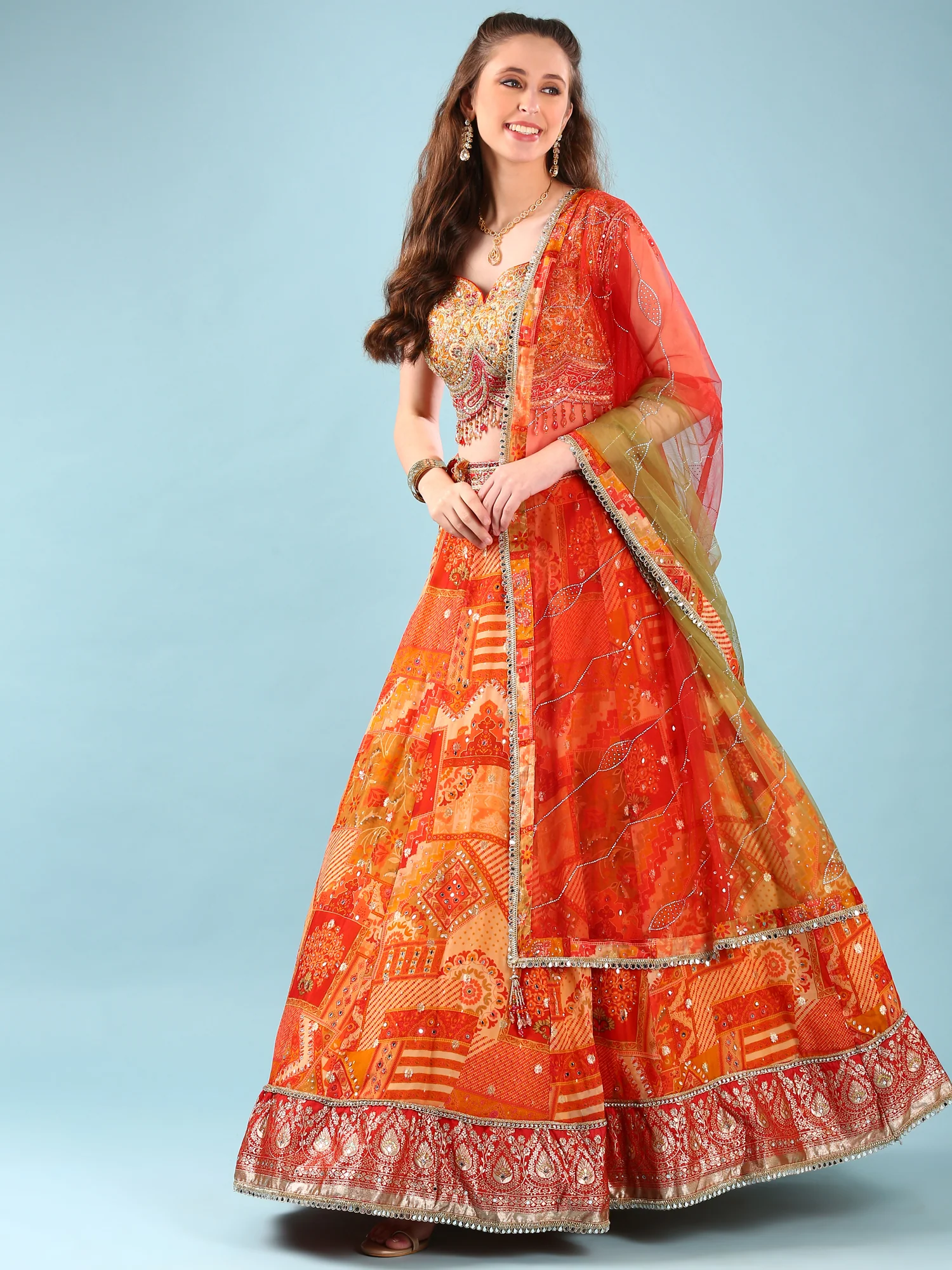 Rust Chinnon Hand Embroidery Ghagra Set - Image 5