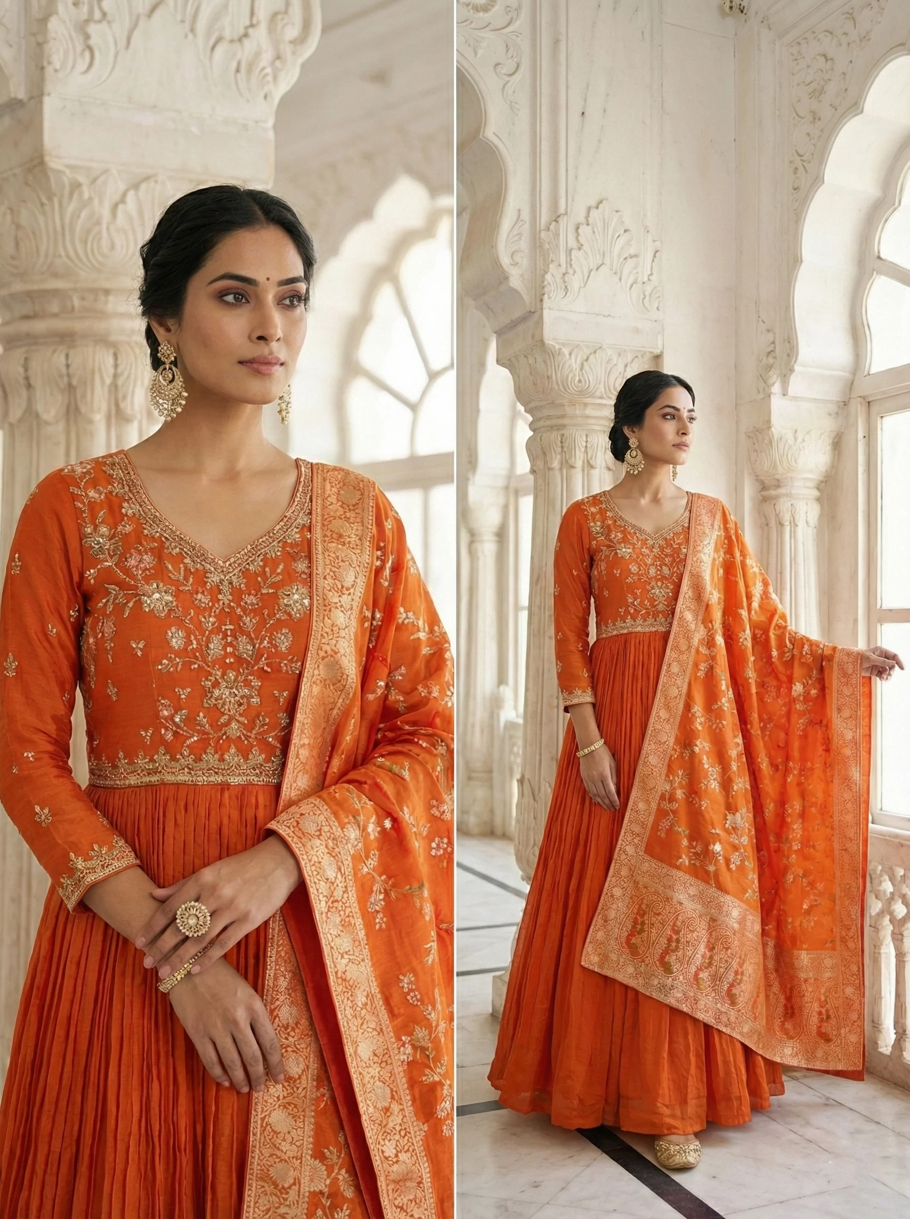 Rust Chinon Heavy Zari Embroidered Anarkali Set - Image 2