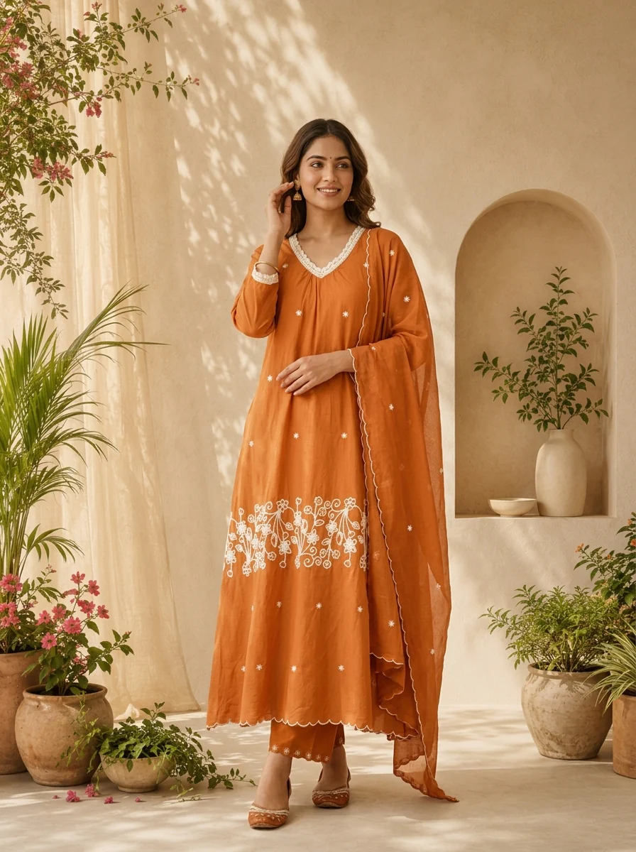 Rust Cotton Embroidered Three Piece Set With Coordinated Dupatta - Image 2