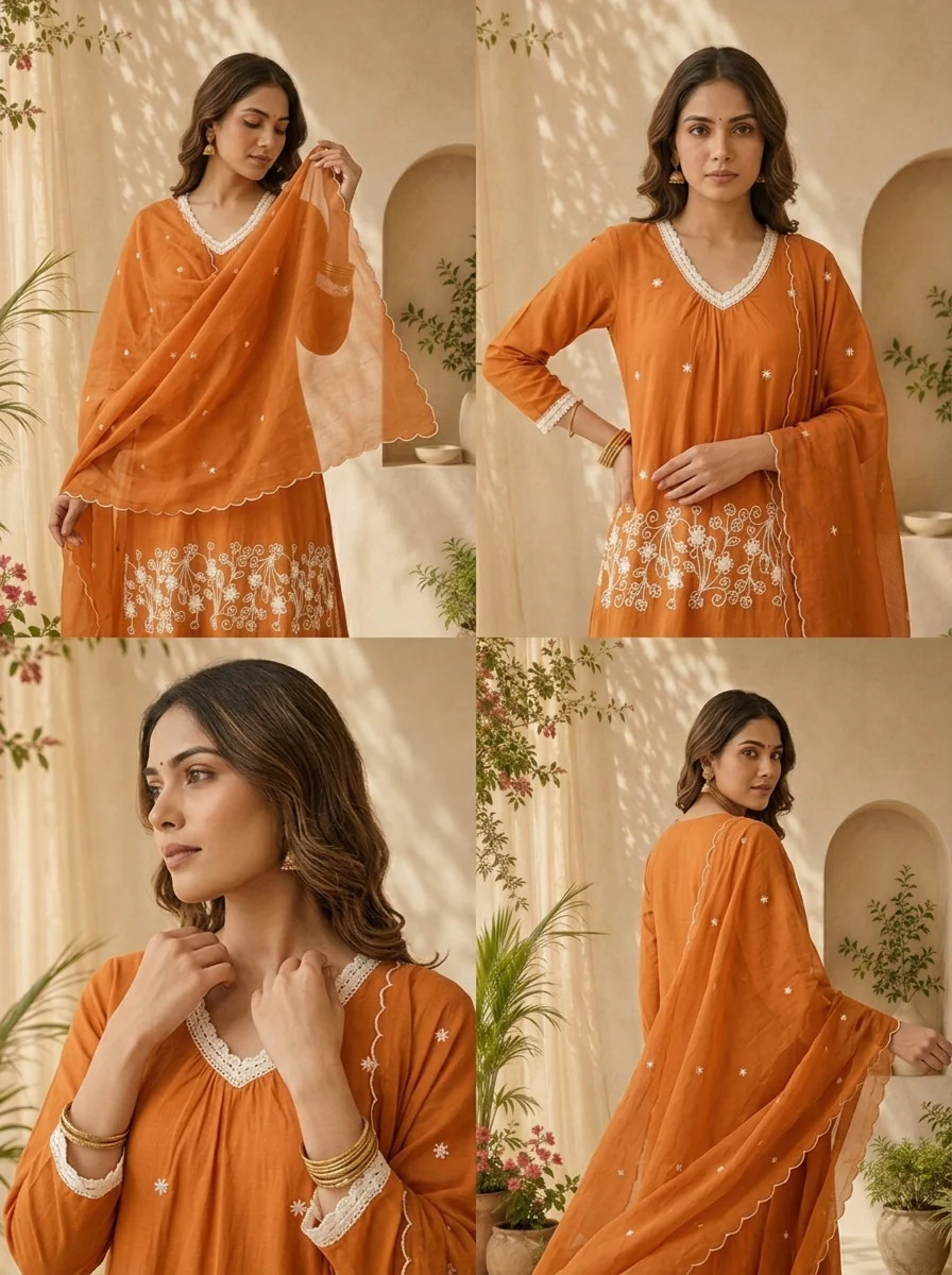 Rust Cotton Embroidered Three Piece Set With Coordinated Dupatta - Image 5