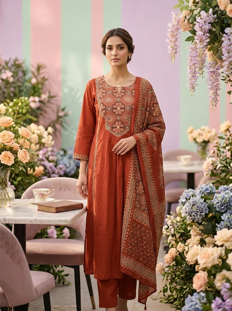 Rust Cotton Printed Three Piece Set