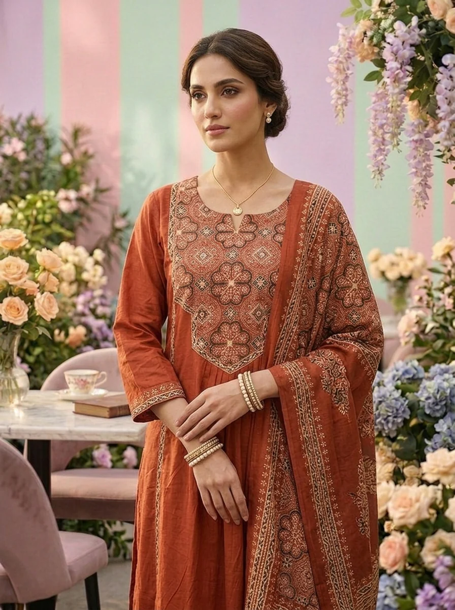 Rust Cotton Printed Three Piece Set - Image 4