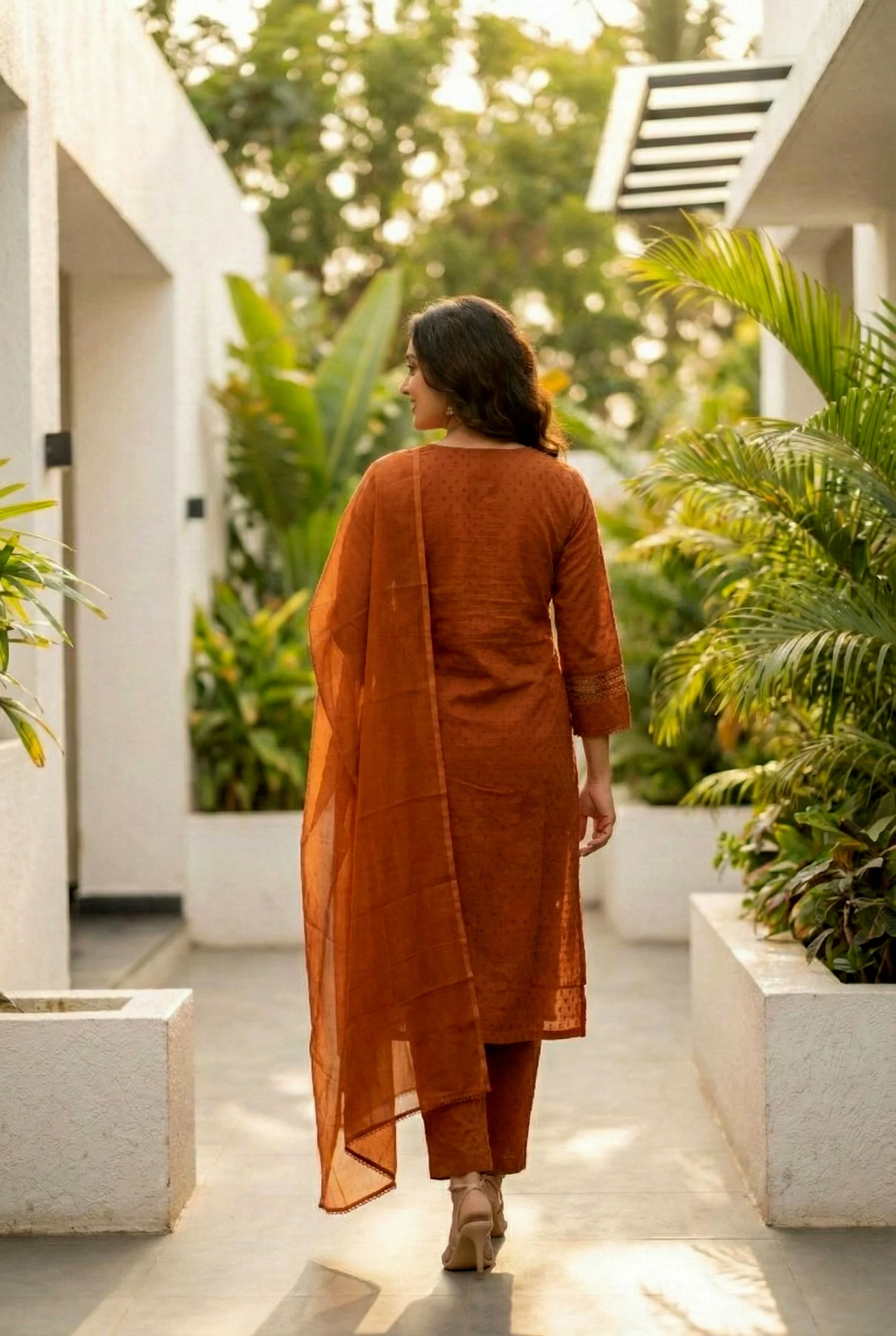 Rust Cotton Sequins And Mirror Embroidered Suit Set - Image 3