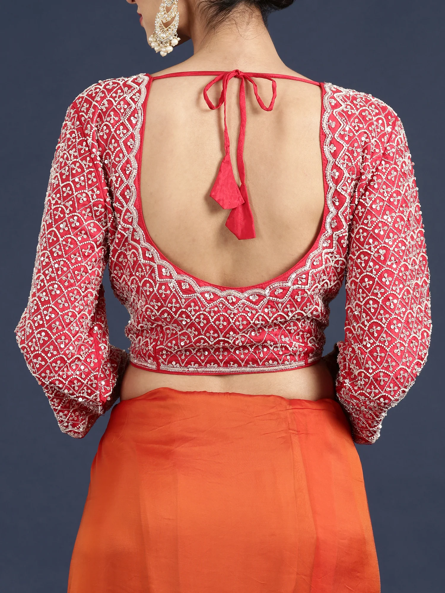 Rust Crepe Sequins Saree With Heavy Work Readymade Blouse - Image 8