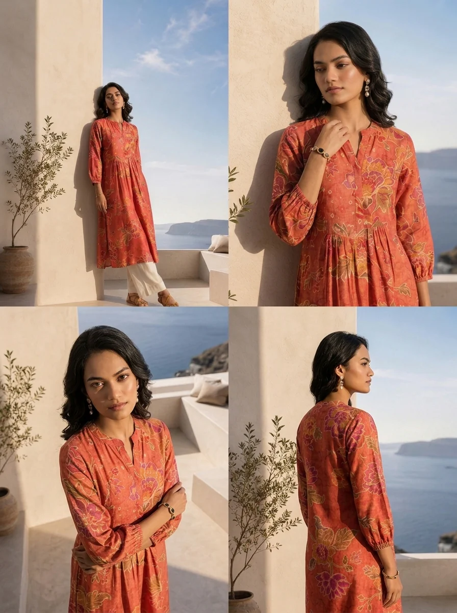 Rust Hand Embroidered And Pleated Design Muslin Fabric Kurta - Image 5
