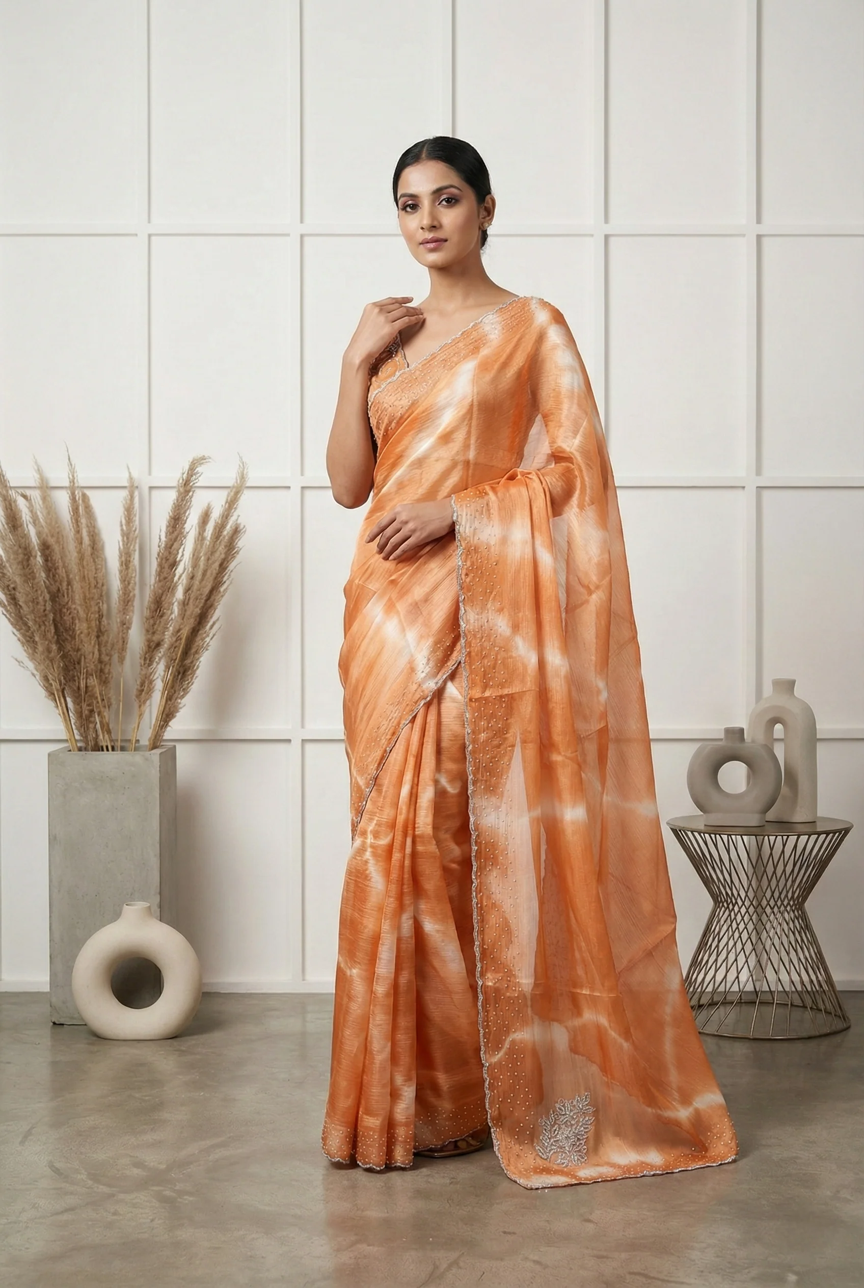 Rust Jimmy Choo Stone Embroidery Saree