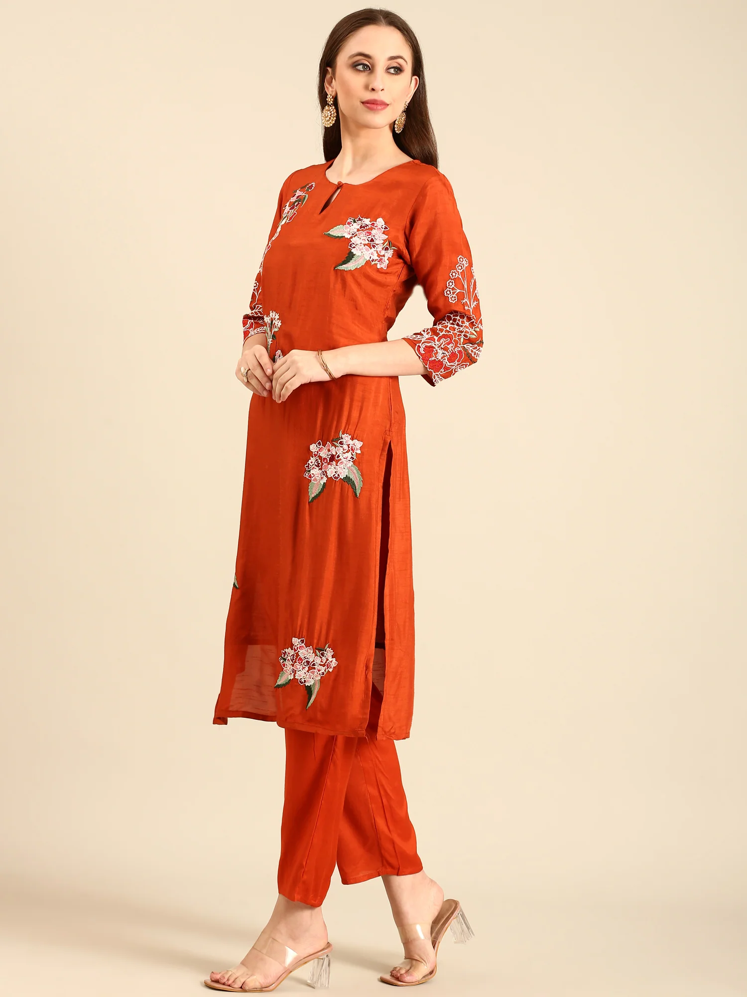 Rust Modal fabric suit thread embroidery with sequins - Image 3