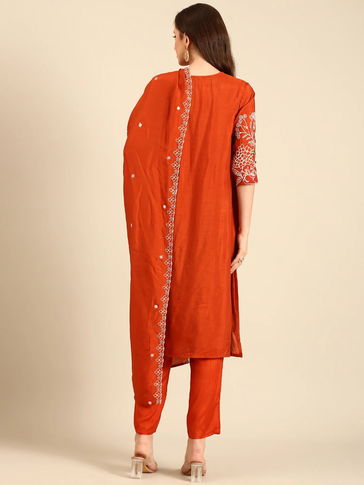 Rust Modal fabric suit thread embroidery with sequins - Image 4