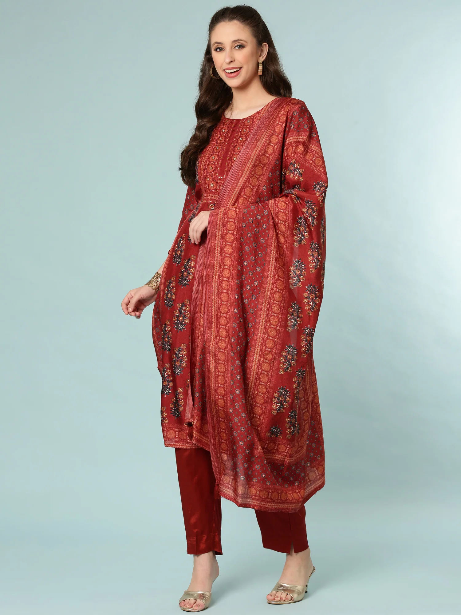 Rust Modal Silk Digital Print Three Piece Set - Image 5