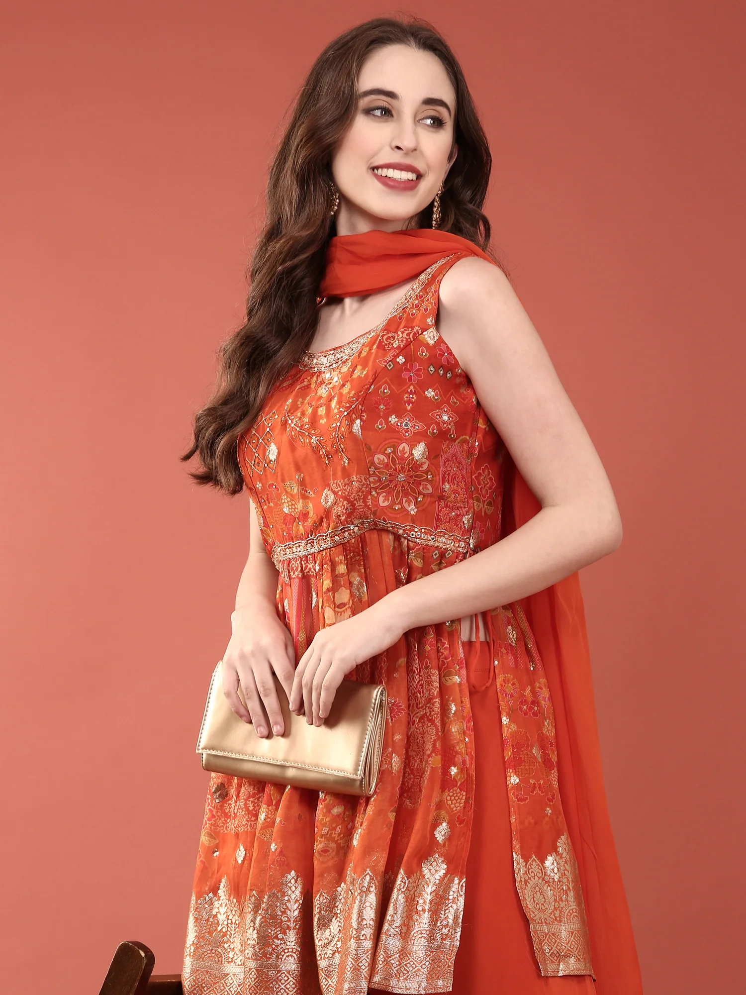 Rust Organza Digital Print With Palazzo Set - Image 7