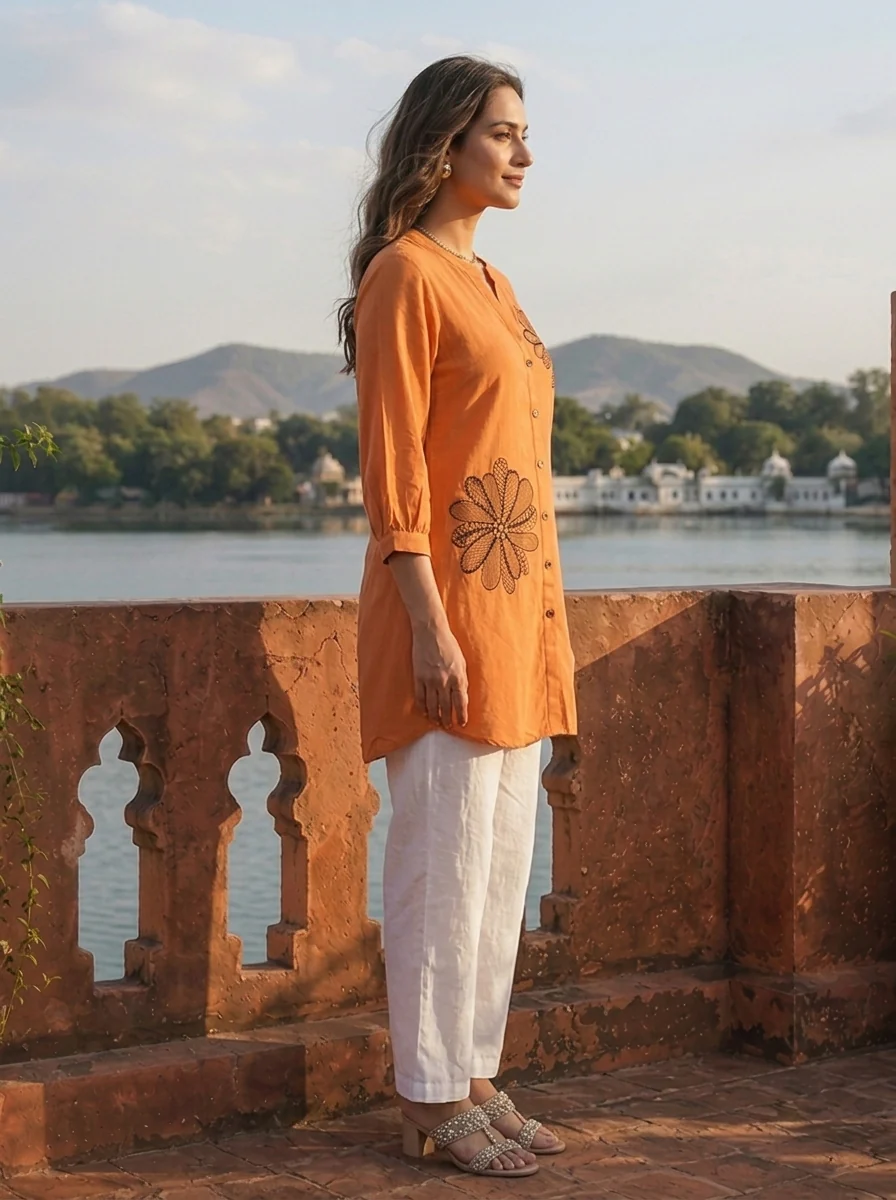 Rust Rayon Floral Applique Motifs Embroidered Tunic Top - Image 3