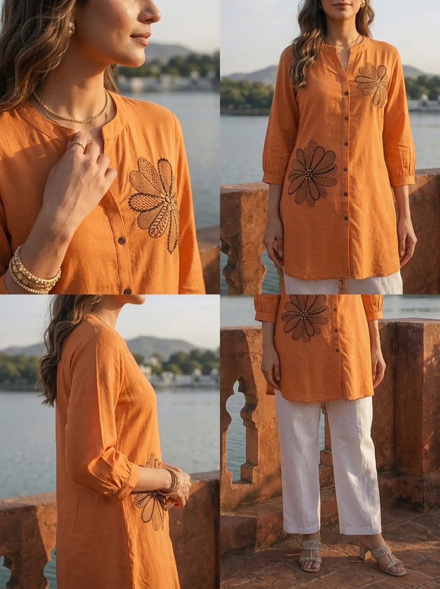Rust Rayon Floral Applique Motifs Embroidered Tunic Top - Image 5