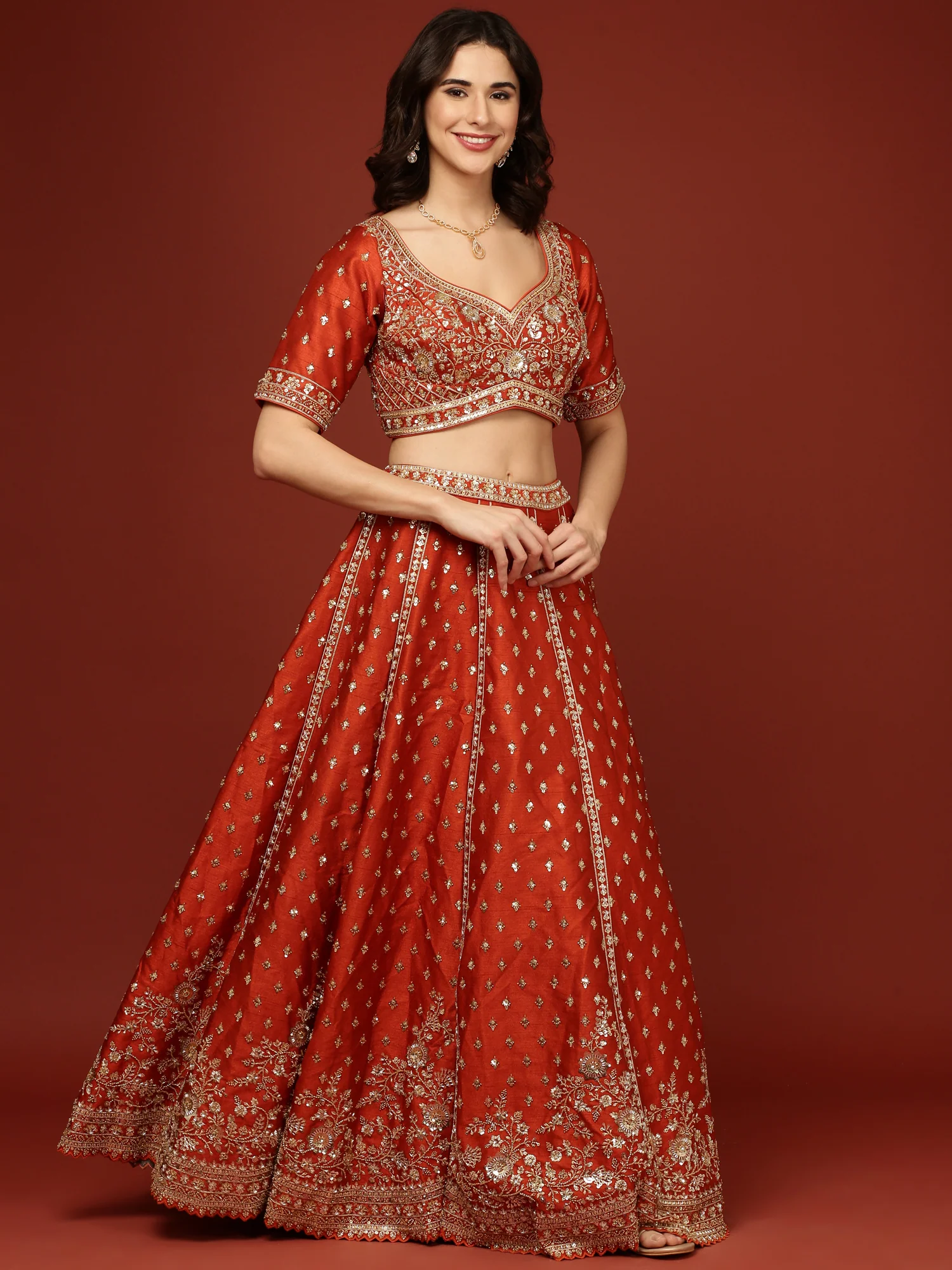 Rust Silk Hand Embroidery Floral Motifs Ghagra Set - Image 2