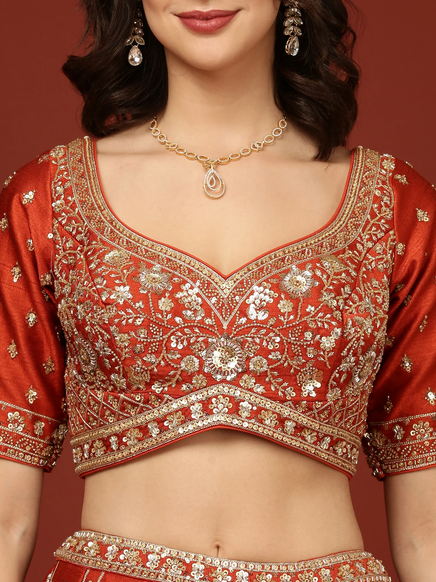 Rust Silk Hand Embroidery Floral Motifs Ghagra Set - Image 4