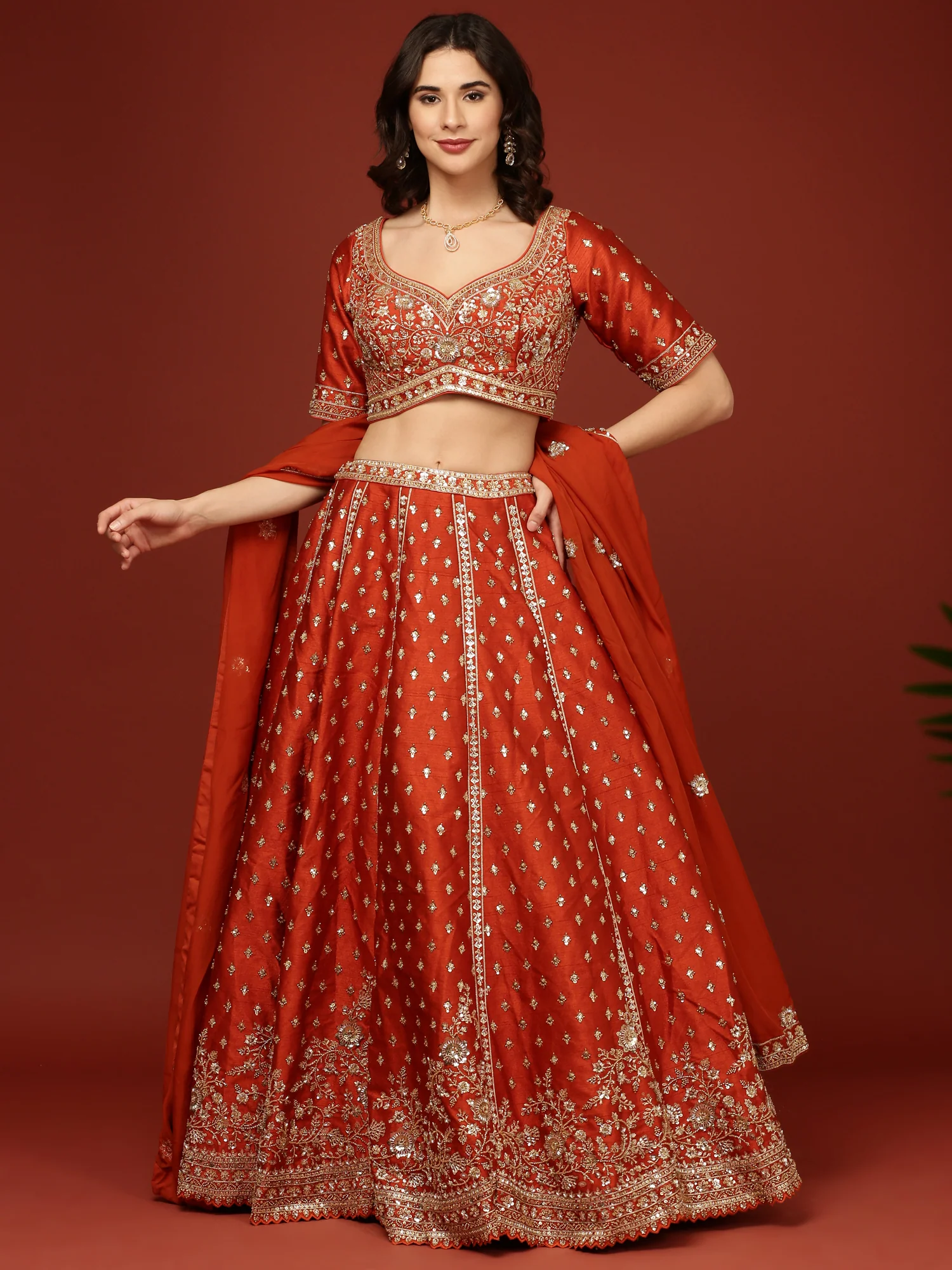 Rust Silk Hand Embroidery Floral Motifs Ghagra Set - Image 5