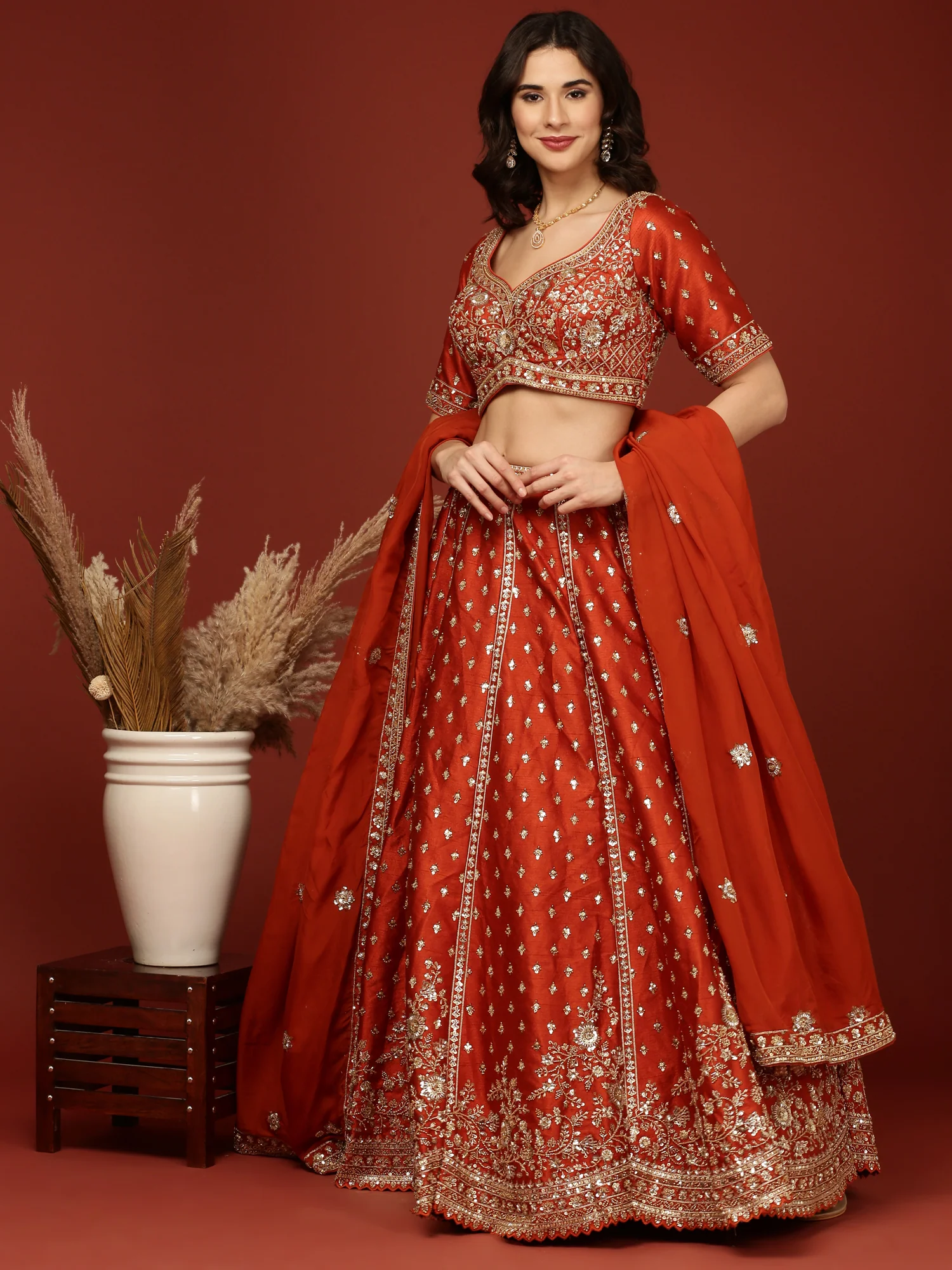 Rust Silk Hand Embroidery Floral Motifs Ghagra Set - Image 6