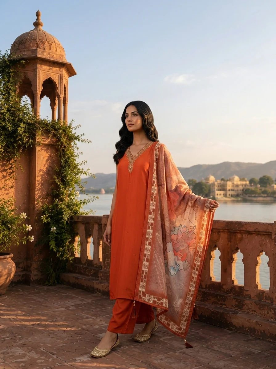 Rust Silk Zardosi Embroidery Three Piece Set - Image 2