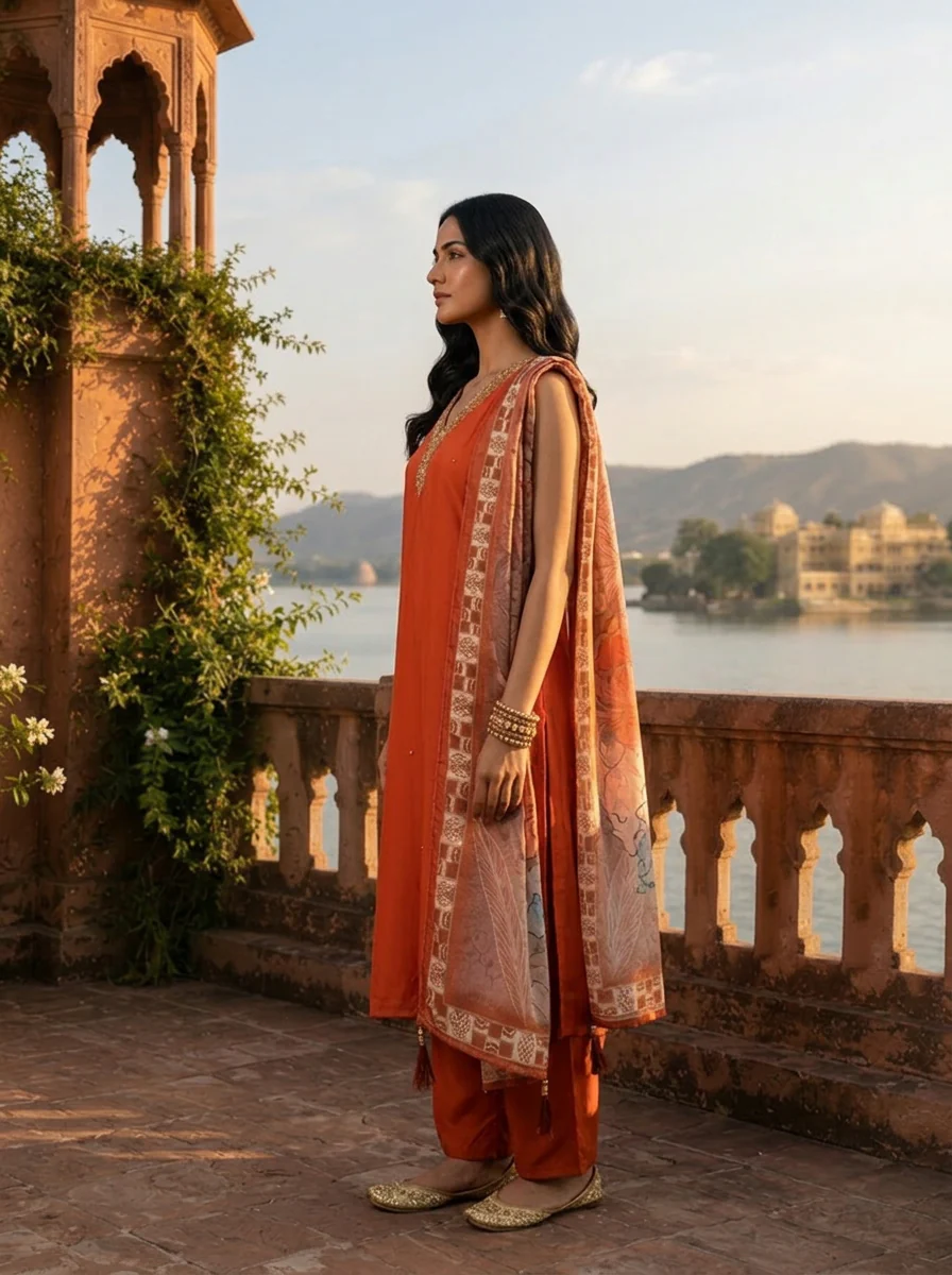 Rust Silk Zardosi Embroidery Three Piece Set - Image 4