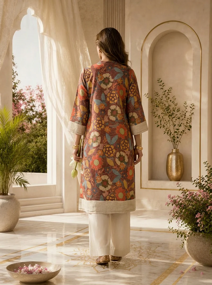 Rustic Floral Printed A-Line Linen Kurta - Image 2