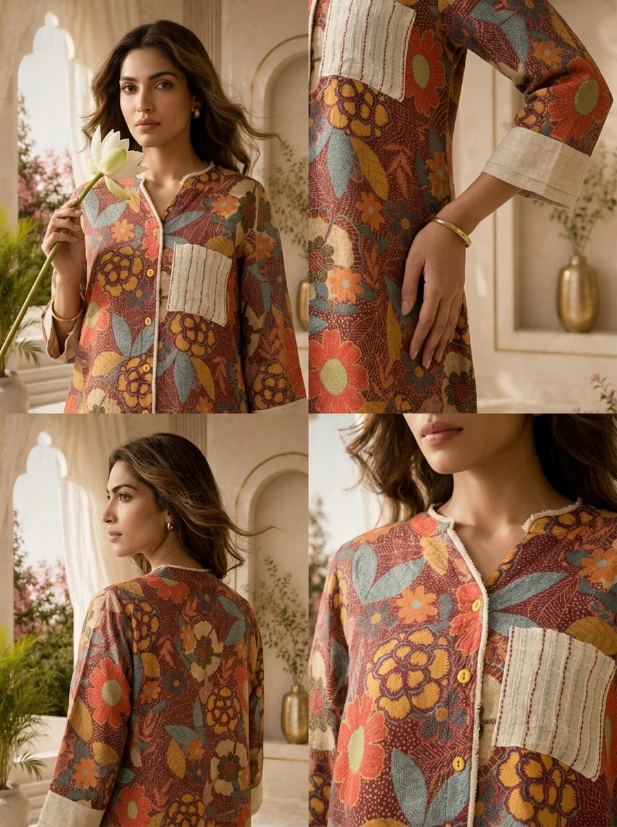 Rustic Floral Printed A-Line Linen Kurta - Image 5