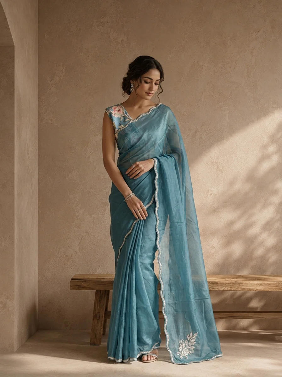 Sea Blue Organza Embroidered Saree With Scallop Gota Border