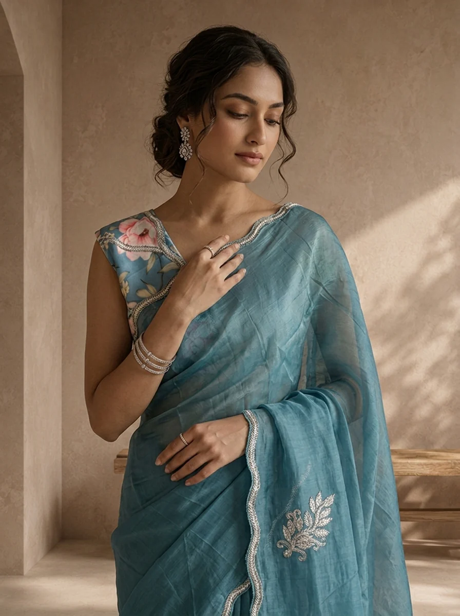 Sea Blue Organza Embroidered Saree With Scallop Gota Border - Image 3