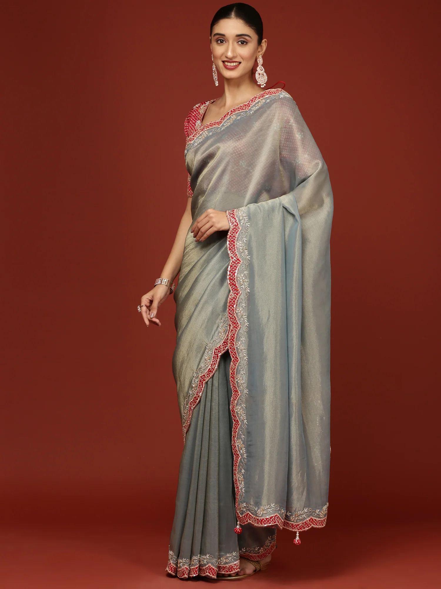 Sea Blue Tissue Embroidery Saree With Readymade Blouse - Image 2