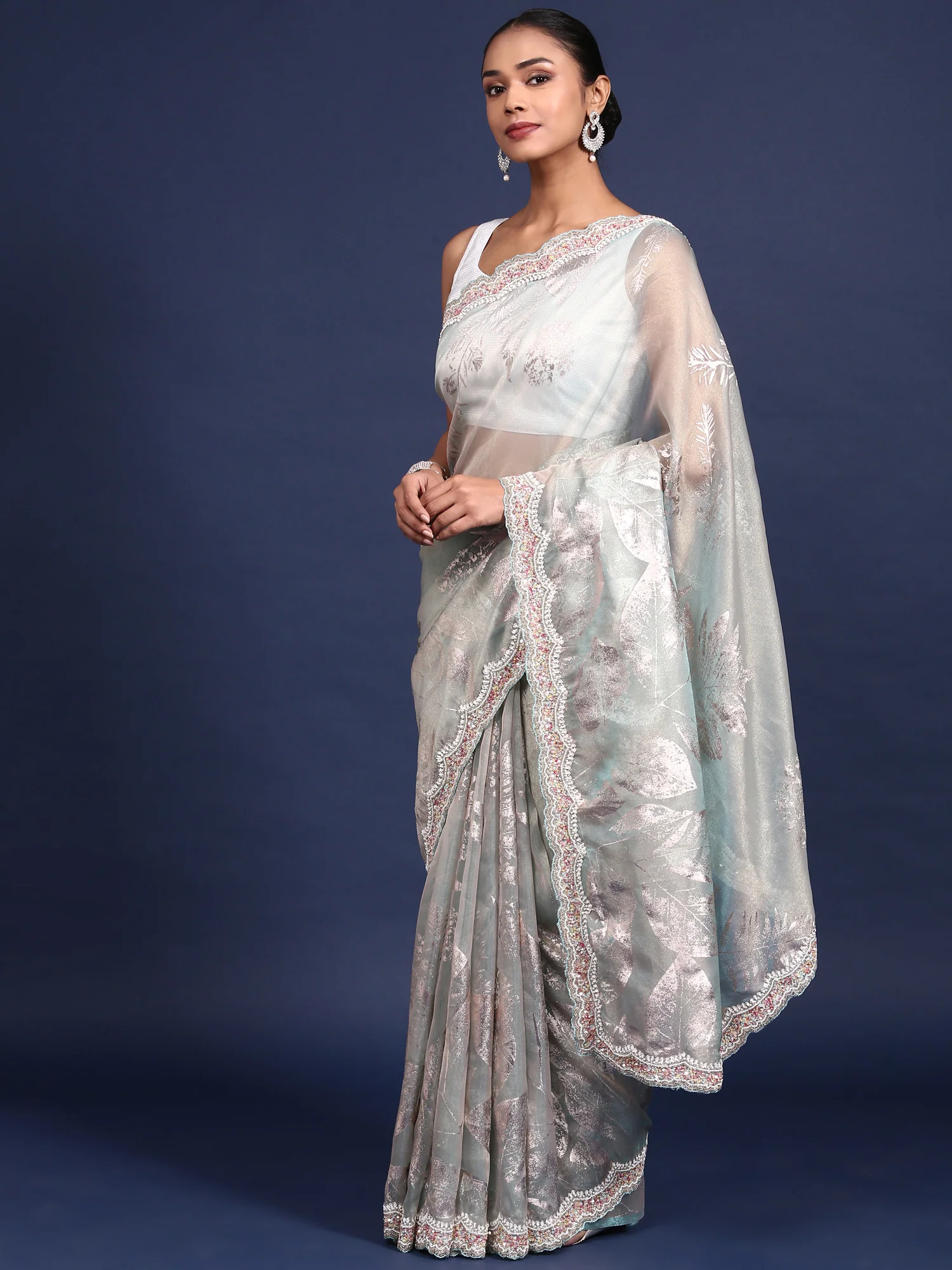 Sea Blue Tissue Sequins Embroidery Saree - Image 2