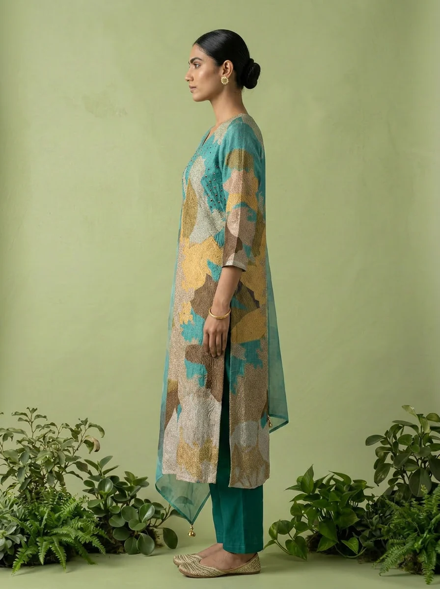 Sea Green And Beige Rayon Abstract Printed Three Piece Set - Image 2