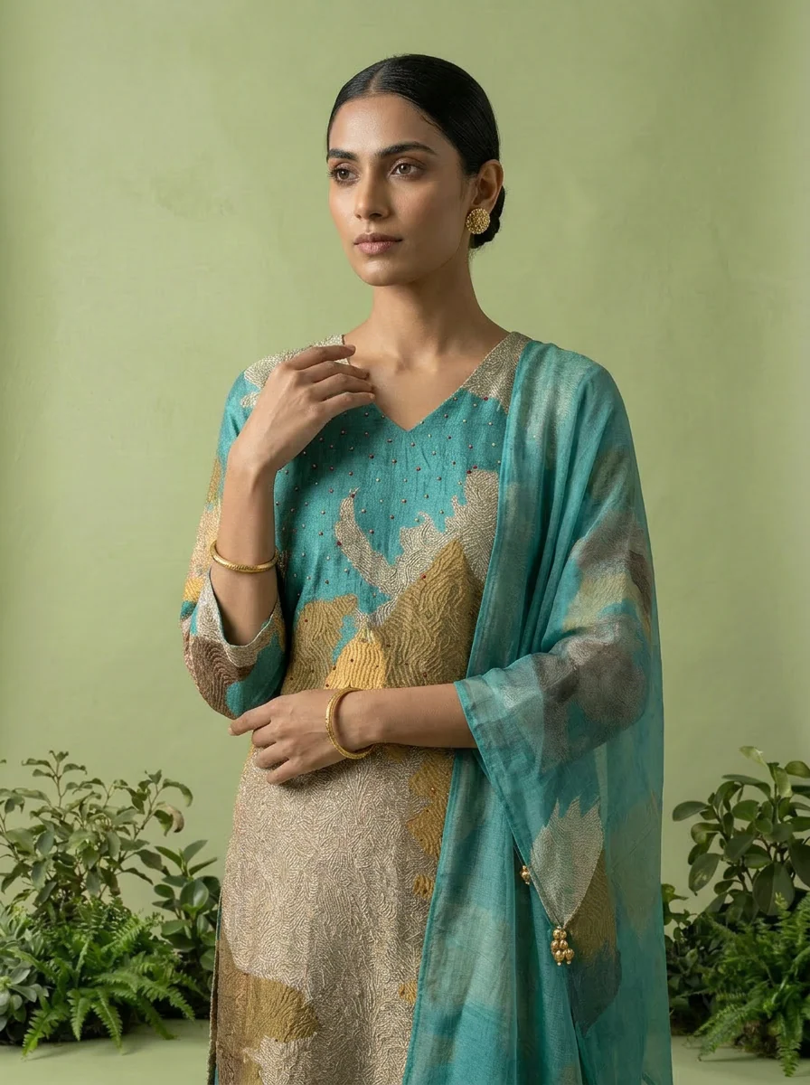 Sea Green And Beige Rayon Abstract Printed Three Piece Set - Image 4