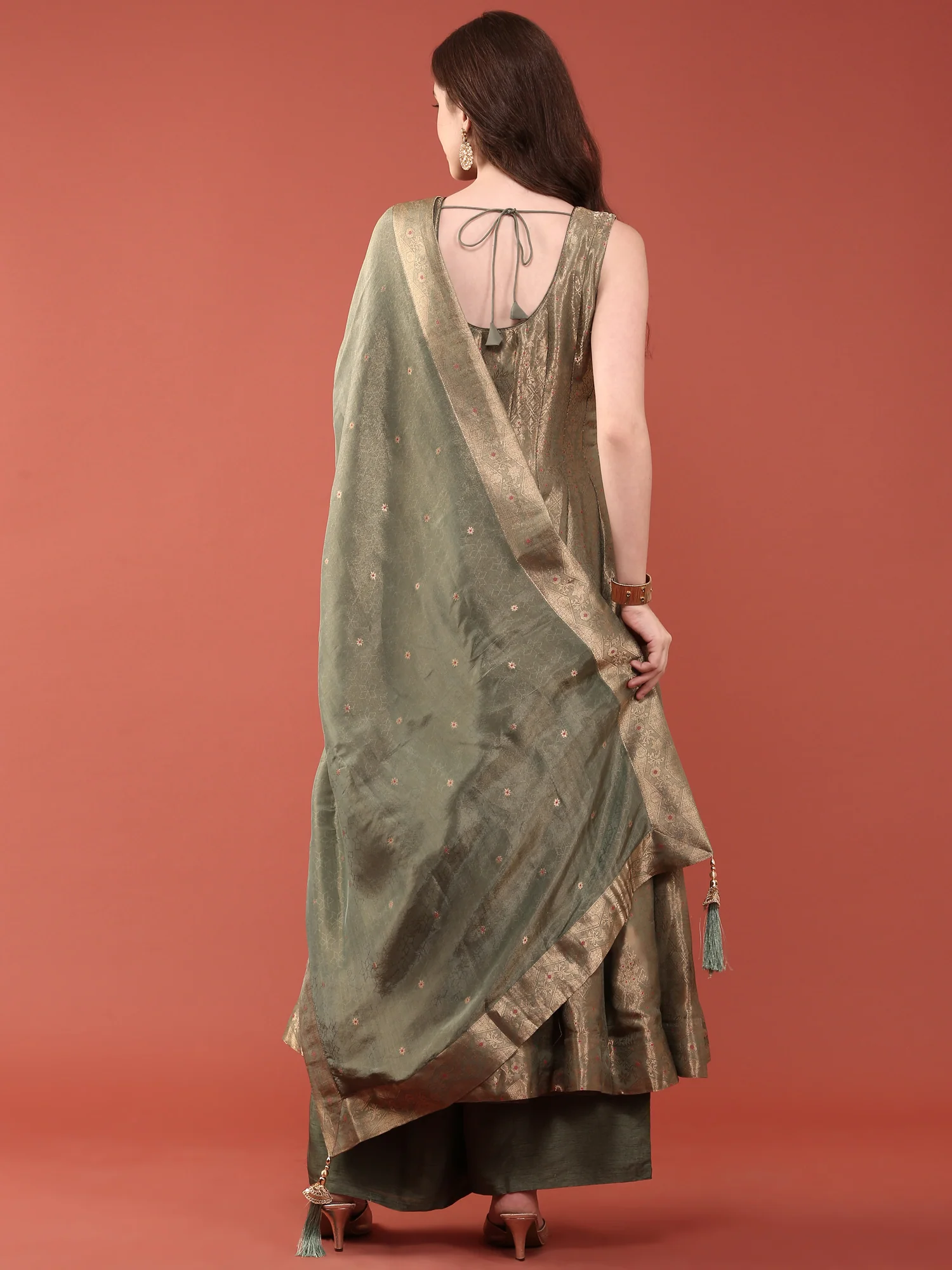 Sea Green Banaras Silk Anarkali Set - Image 3