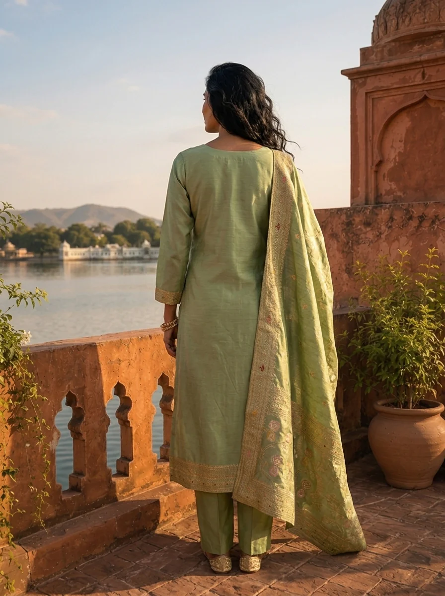 Sea Green Banaras Silk Scrolling Creeper Pattern Weaved Three Piece Set - Image 3