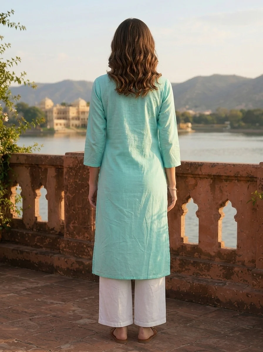 Sea Green Cotton Foil Mirror Thread Embroidered Kurta - Image 3