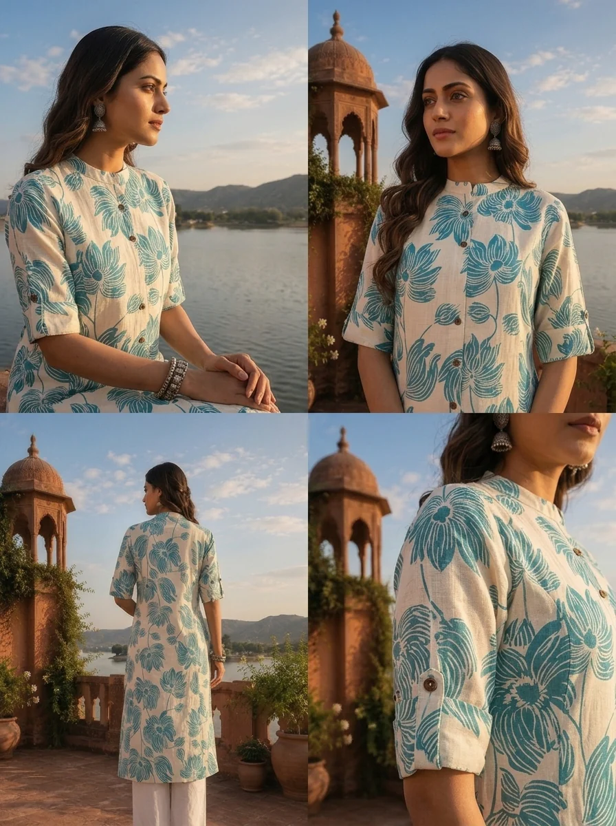 Sea Green Cotton Lotus And Floral Motifs Printed Kurta - Image 5