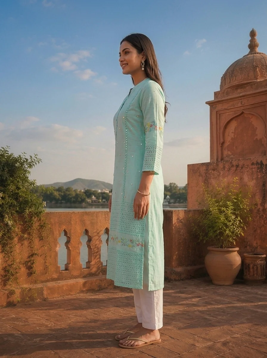 Sea Green Cotton Multicolor Floral Thread Embroidered Kurta - Image 3