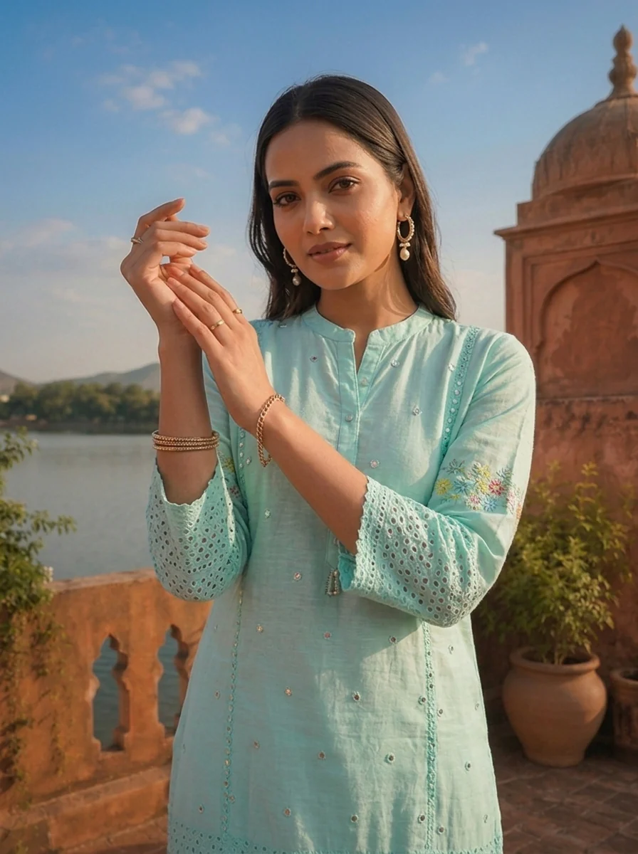 Sea Green Cotton Multicolor Floral Thread Embroidered Kurta - Image 4