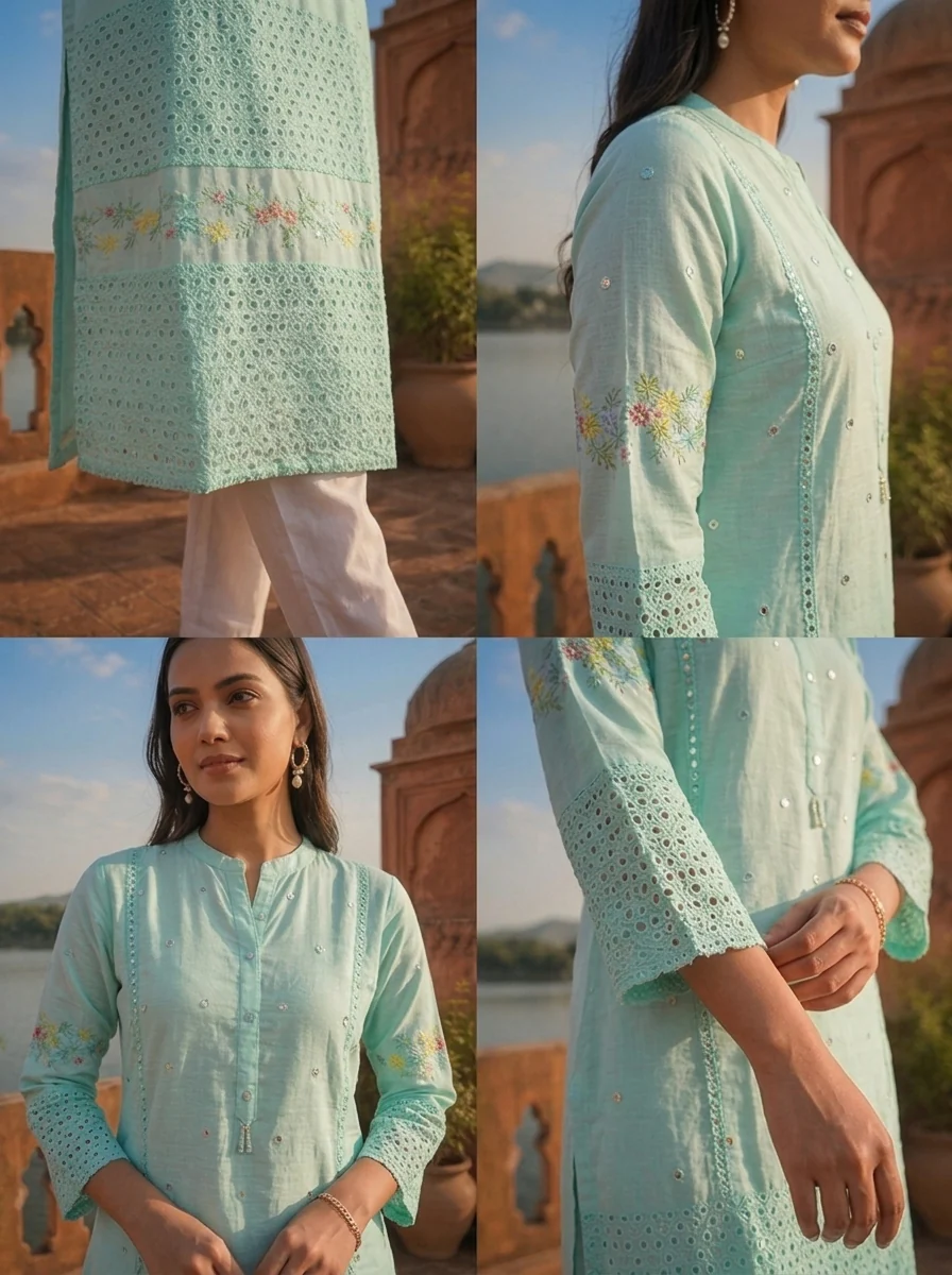 Sea Green Cotton Multicolor Floral Thread Embroidered Kurta - Image 5
