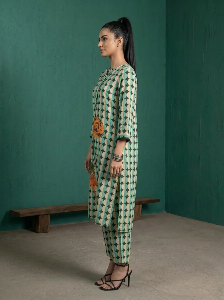 Sea Green Cotton Retro Geometric Printed Two Piece Set - Image 3