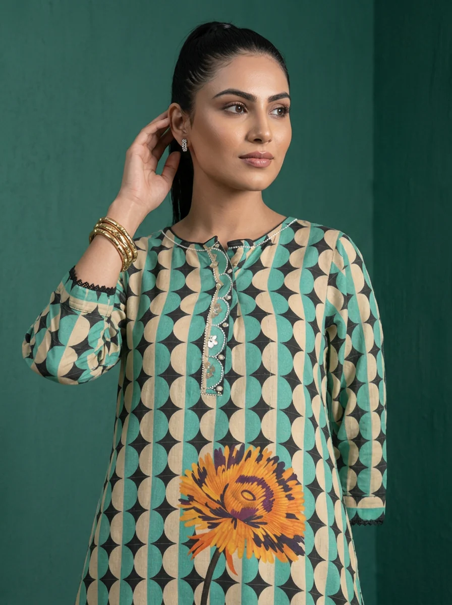 Sea Green Cotton Retro Geometric Printed Two Piece Set - Image 4