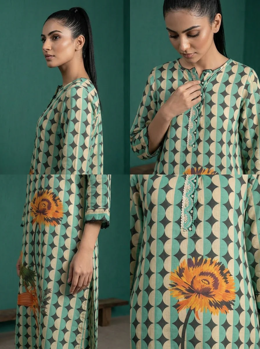 Sea Green Cotton Retro Geometric Printed Two Piece Set - Image 5