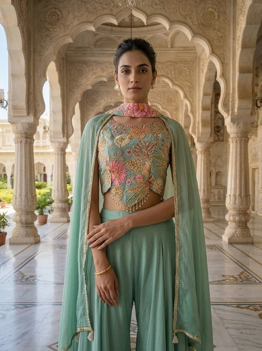 Sea Green Crepe Floral Printed And Sequins Embroidered Top And Palazzo Set - Image 4