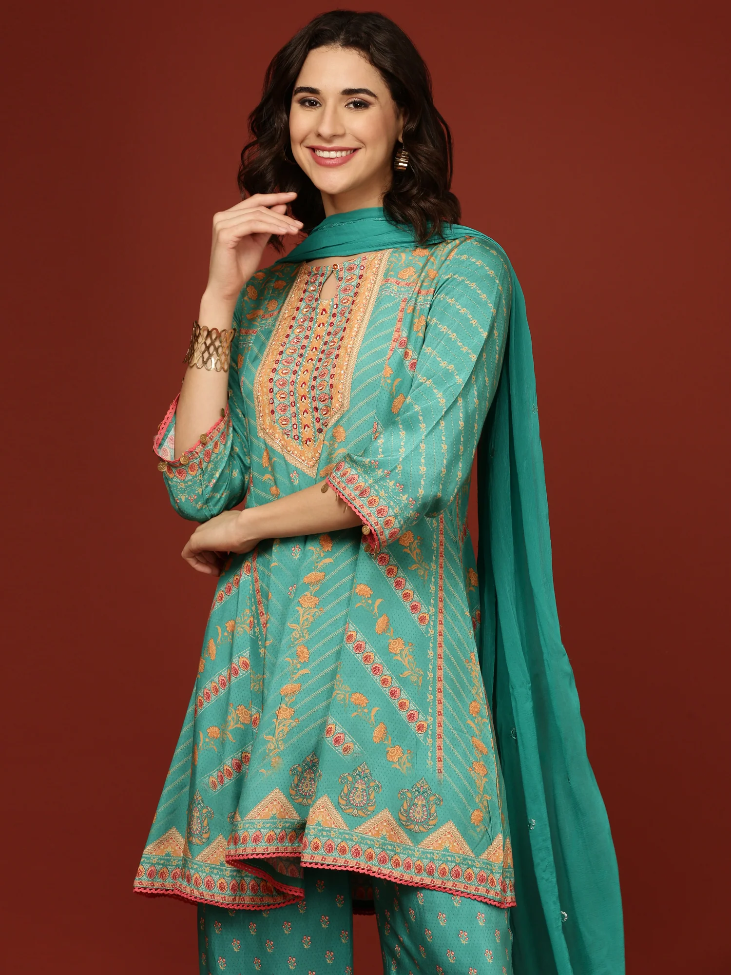 Sea Green Crepe Printed Three Piece Set - Image 2