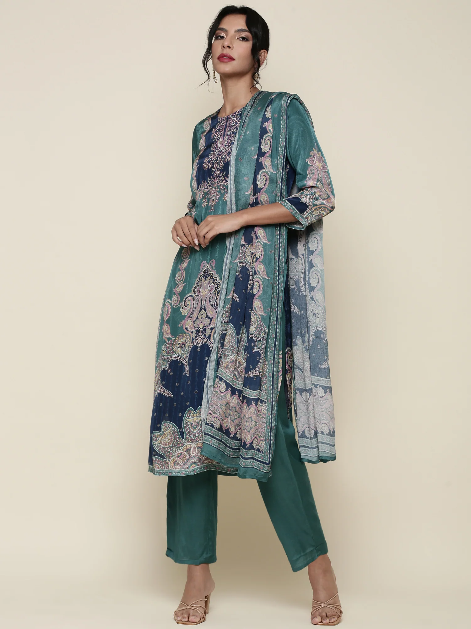 Sea Green Digital printed crepe Three piece suit set - Image 5