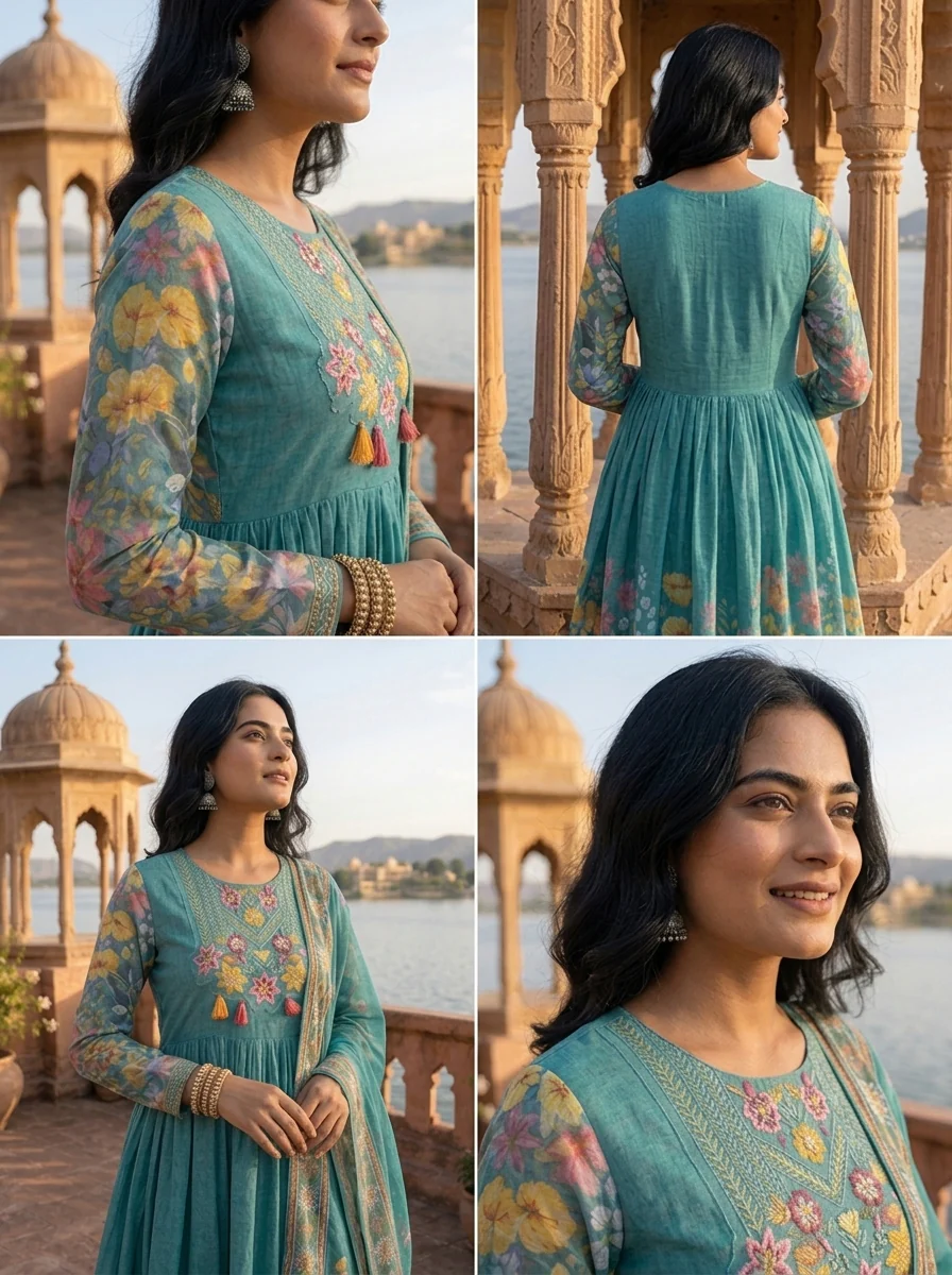 Sea Green Georgette Digital Ditsy Floral Printed Three Piece Set - Image 5