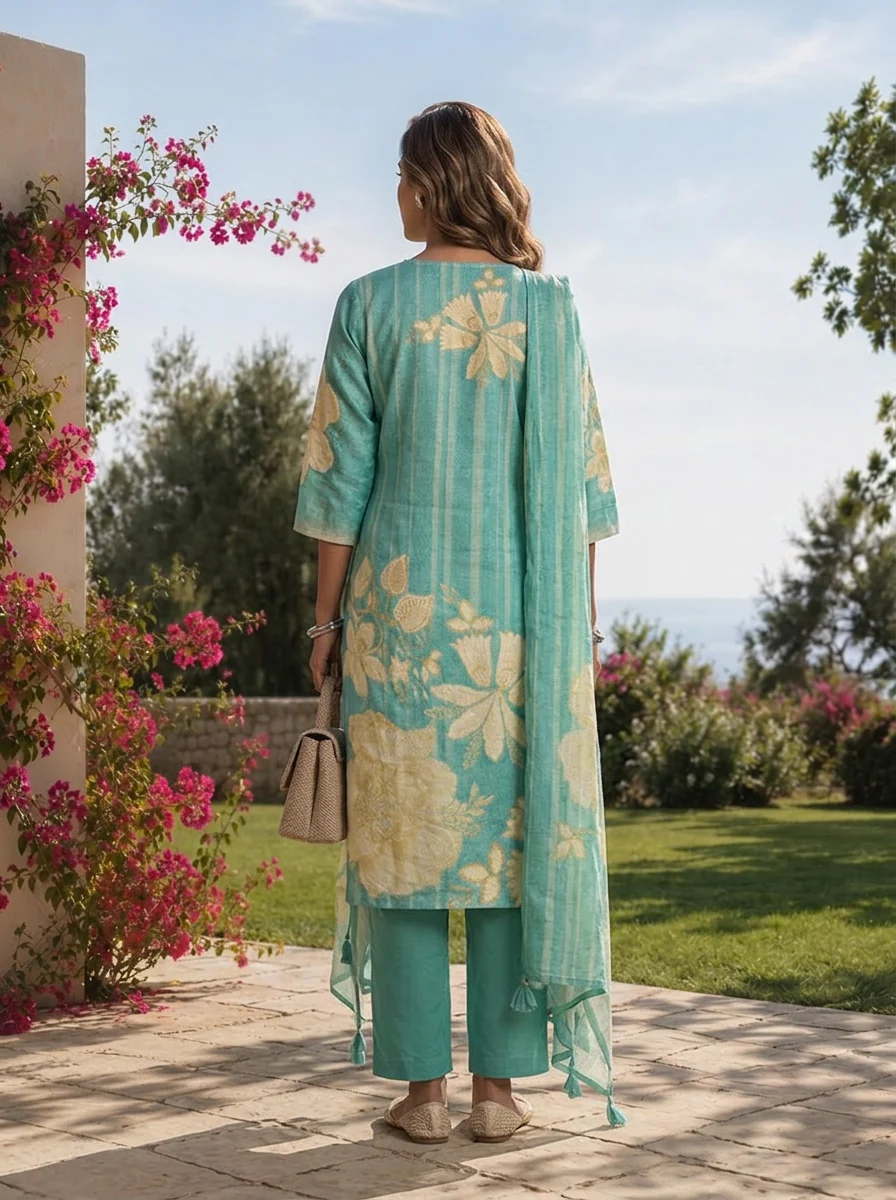 Sea Green Hand Embroidered And Floral Digital Printed Linen Three Piece Set - Image 2