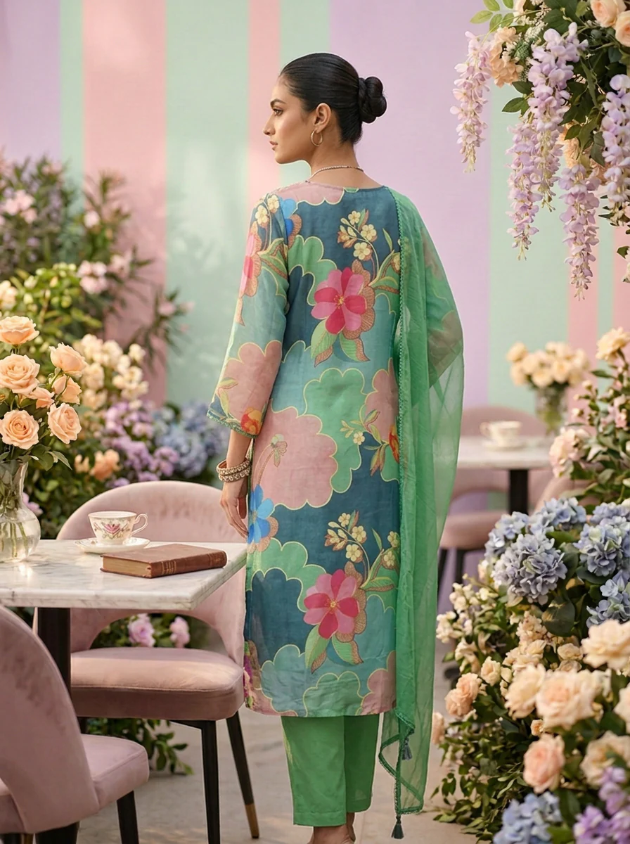 Sea Green Muslin Floral Printed And Beads Embroidery Three Piece Set - Image 2