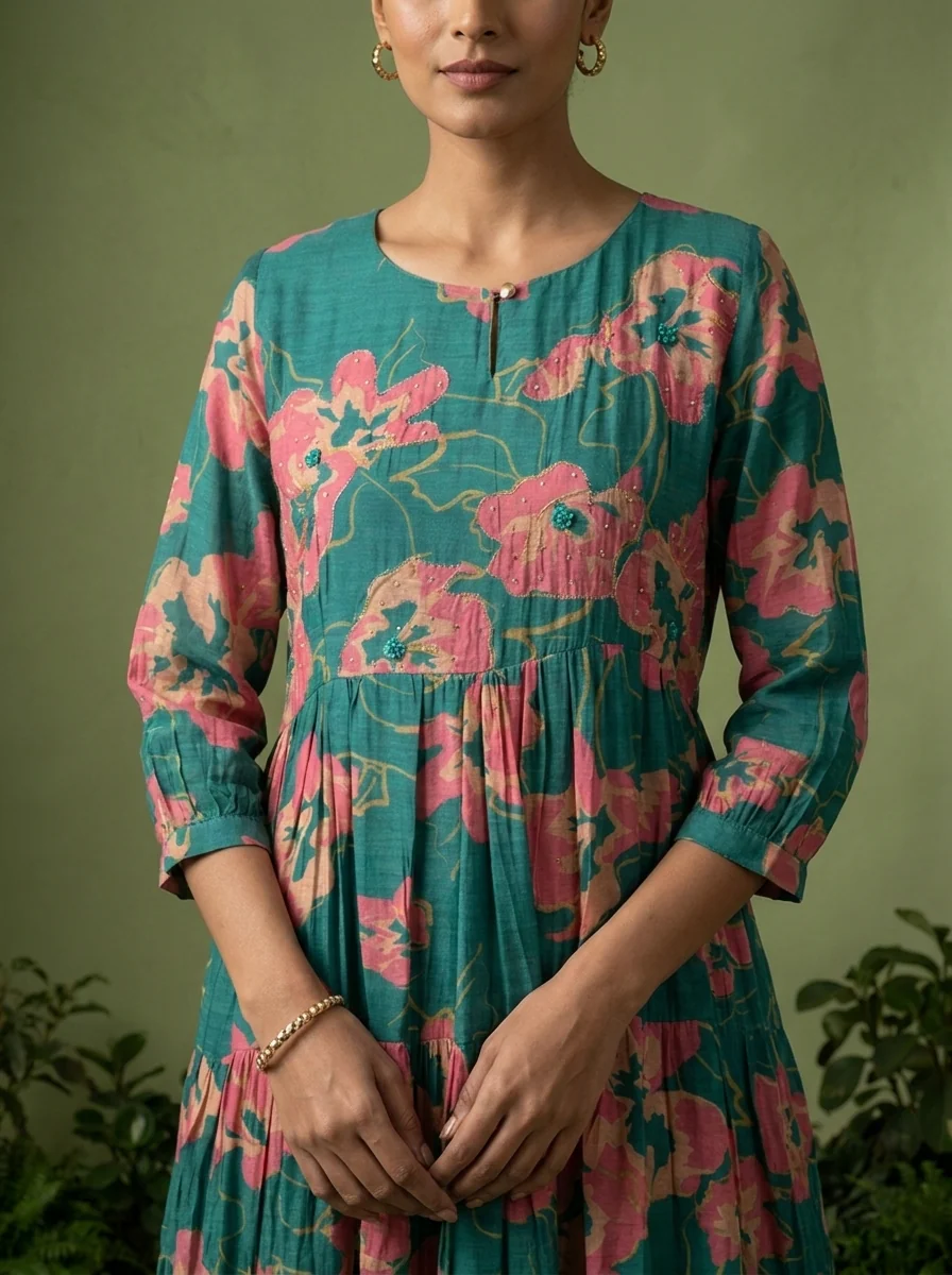 Sea Green Muslin Floral Printed Long Dress - Image 4