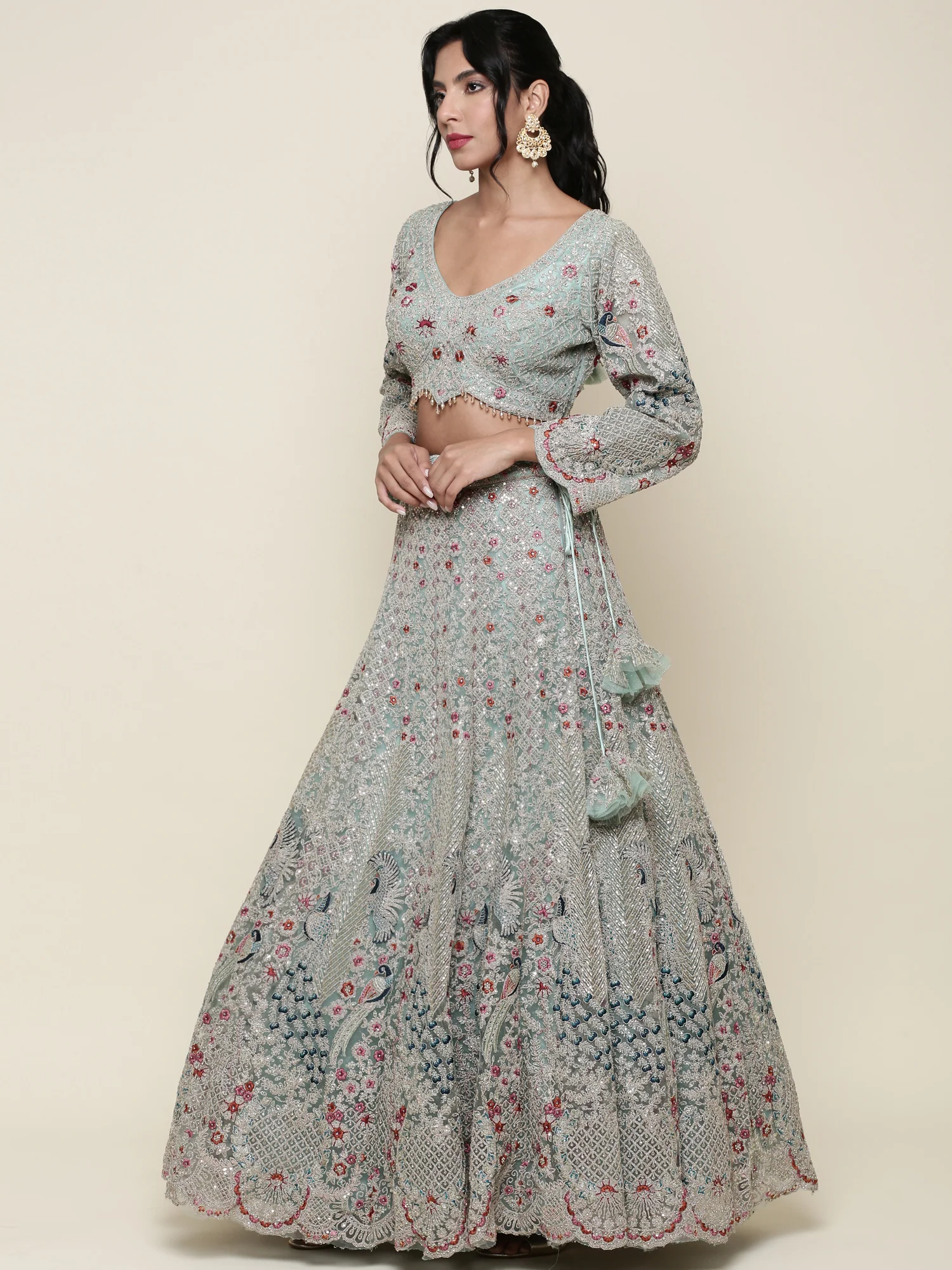 Sea green net heavy embroidered Three piece ghagra set - Image 2