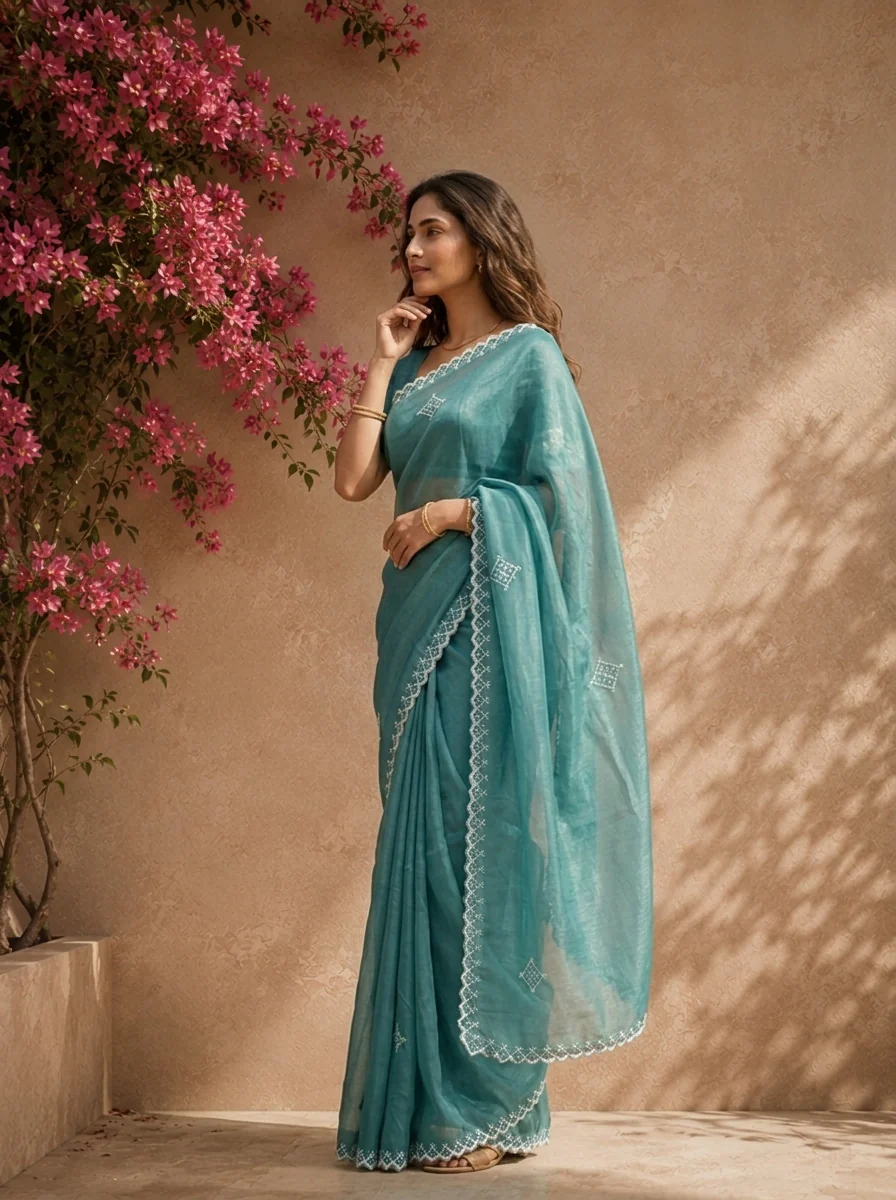 Sea Green Organza Geometric Thread Embroidered Saree - Image 2
